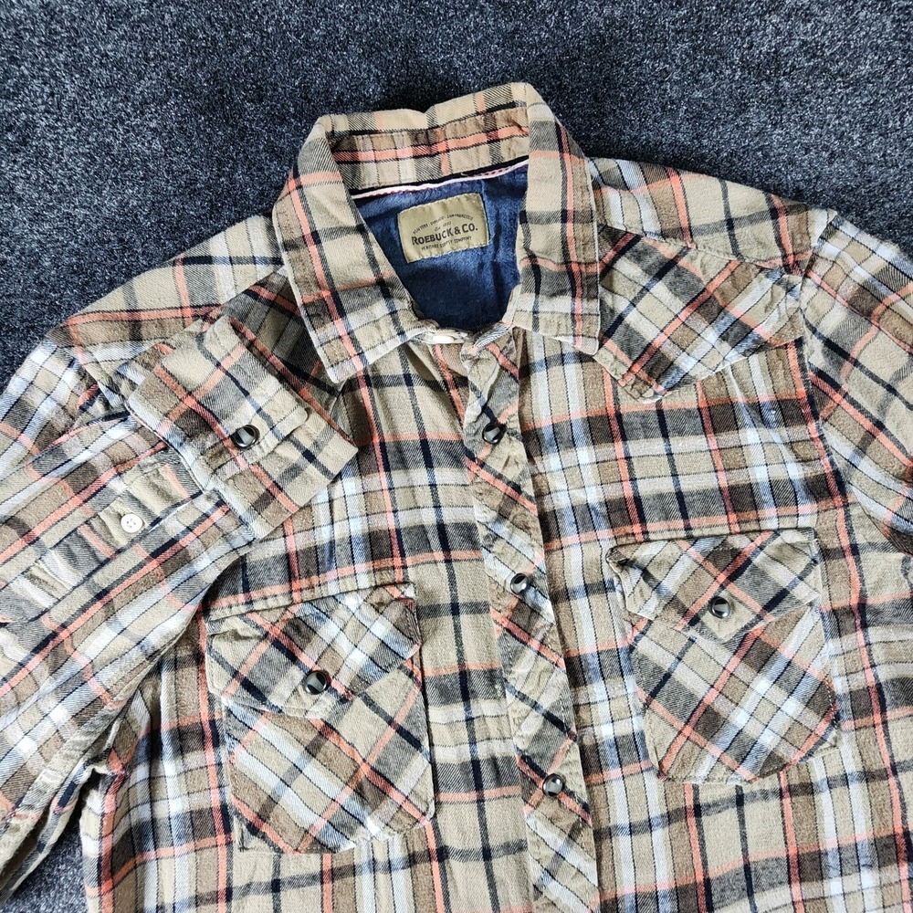VTG Roebuck & Co Pearl Snap Long Sleeve Flannel Shirt Men Size M Brown Plaid